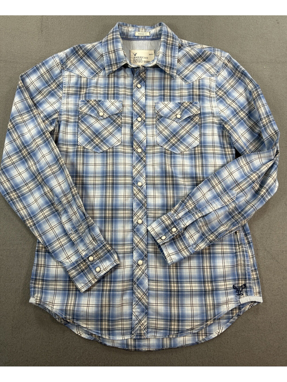 American Eagle Vintage Fit XS Blue Plaid Men’s Western Shirt Long Slv Pearl Snap